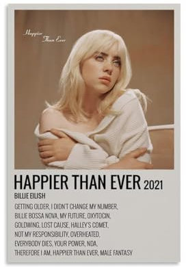 Billie Eilish Happier Than EverAlbum Pop-Poster, kreatives Design, Album, Pop-Sängerin, Rap-Künstleralbum, Leinwand, Gemälde, HD-Druck, Malerei, Dekoration, Zuhause, Büro, Teenager, 40 x 60 cm,