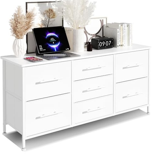 KIRVOVIY Chest of Drawers, Fabric Storage Drawer for Bedroom, TV Stand with 7 Drawers, Castors and Metal Frame (White)