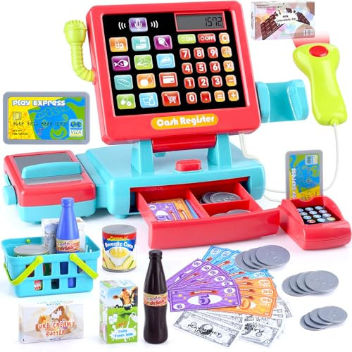 Spielkasse Kinder mit Scanner und Sound, Kasse Spielzeug, Spielzeugkasse, elektronische Supermarktkasse – mit Kaufladen Zubehör Geld, Essen ab 3 Jahren