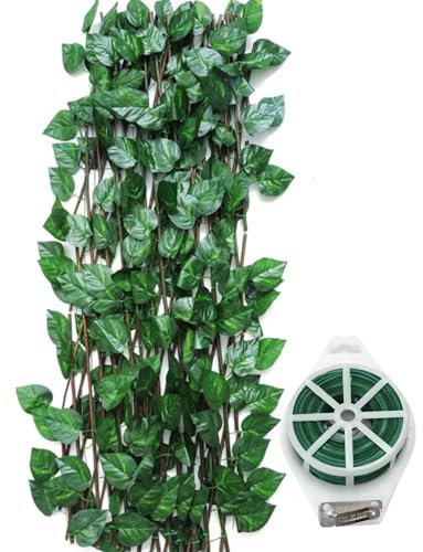 Celosia Extensible Madera Natural con Hojas Inspiración Potos - abre hasta 3m x 60cm – Decorativa, Resistente y Versátil – Para Jardín, Balcón y Terrazas Incluye 15m de Alambre Plastificado