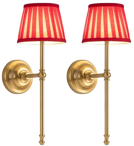 VISDANFO Aufladbare Wandlampe 2 Stück, LED-Wandleuchte aus Stoff mit Akku, Dimmbare Beleuchtung mit 5200 mAh und Kabelloser Fernbedienung für Wohnzimmer, Schlafzimmer, Flur, Treppenhaus (Gold + Rot)