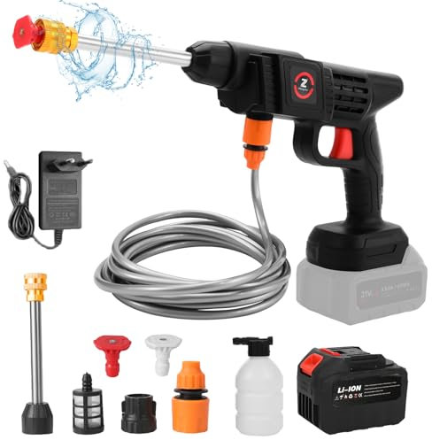Pistola de Agua a Presión 50Bar, Hidrolimpiadora de Alta Presion con Batería, Manguera de 5 m Limpiador Agua Presion Bateria, Lavado a Presion para Limpiar Coche, Terraza, Jardín (30000mAh)