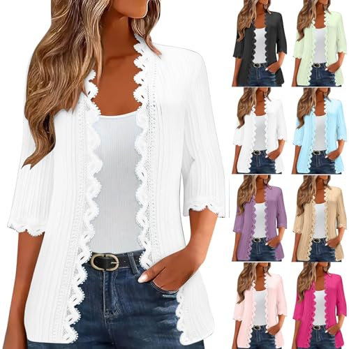 Cardigans for Women UK Elegant Lace 3/4 Sleeve Cardigans Lightweight Ladies Open Front Summer Cardigan Business Office Casual Bolero Shrug Womens Blouses for Dress Evening Party Wedding Daily