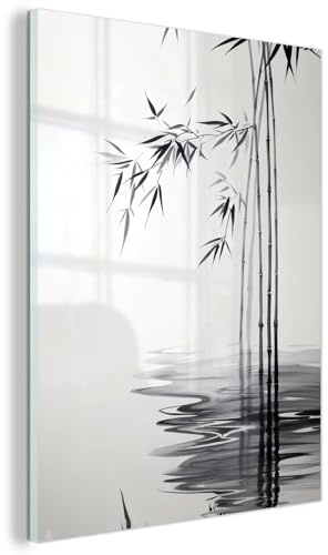 MuchoWow© Wandbilder Glas Schlafzimmer Home Deko Wohnung Bild Wohnzimmer | 60x80 cm - Wand Glasbilder Leinwand Wall Decor Bambusstämme - Wasser - Minimalistisch - Weiß
