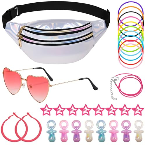 90er Jahre Outfit Damen, 31 Stück 90 80er Jahre Accessoires Set mit Bauchtasche, Herzbrille Rosa, Neon Armbänder, Ohrringe, Haarspangen,90er Jahre Party Damen Verkleidung für Malle Party, Karneval