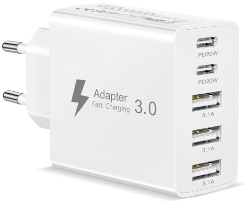 Caricatore USB C Rapido 50W, 5 Porto Alimentatore USB C Multiplo Presa USB C Caricabatterie USB presa Multipla Caricatore Type C Spina per iPhone 17 16 15 14 13 12 11 Pro Max, Samsung Galaxy S26 S25