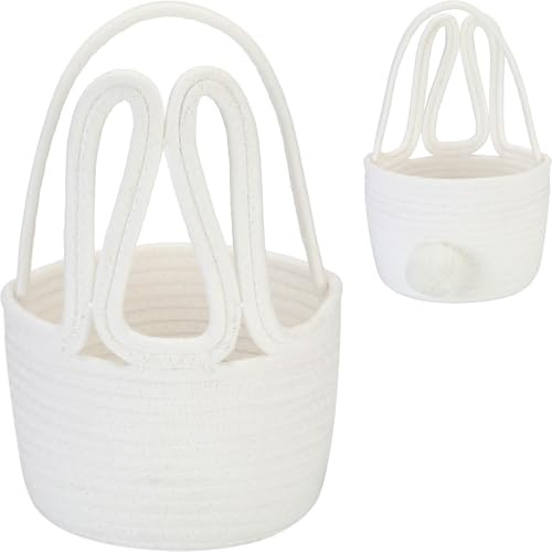 Sea Team Easter Bunny Basket for Egg Hunt, Easter Eggs Bucket, Container, Organizer, Small Woven Cotton Rope Tote Bag with Rabbit Ears & Tail, Easter Days Decoration, Party, Holidays, White Ears