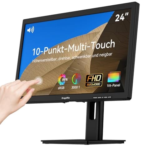 24 Zoll Touchscreen Monitor VA PC Touch Screen Kontrastverhältnis 3000:1 | Höhe/Drehung/Schwenk/Neigung einstellbar, 99% sRGB Touch Bildschirm FHD 1080P, 75Hz, Lautsprecher, HDMI, VGA, Typ-B, VESA