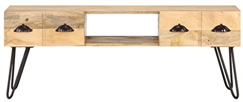 PUGYNBK Mobile TV in legno massiccio, 120 x 35 x 45 cm, mobile TV con 2 cassetti e scomparto aperto, in legno massiccio di mango, look industriale per soggiorno, stabile e durevole
