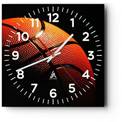 Modern Wanduhr Basketball Spiel Sport 30x30cm Quadrat Klein Wand Uhr Glas Analog Zimmeruhren Küche Büro Wohnzimmer Glasuhr Wall Clock Dekoration Design Wanddekoration Küchenuhr C4AC30x30-2225