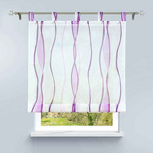 HongYa Raffrollo mit Wellen Druck Transparenter Voile Raffgardine Vorhang mit Schlaufen H/B 140/140 cm Weiß Beere