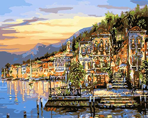 ABEUTY Malen nach Zahlen für Erwachsene Anfänger – Meer Stadt Landschaft 40,6 x 50,8 cm Zahlen-Gemälde Anti-Stress-Spielzeug (kein Rahmen)