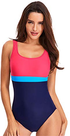 Womens One Piece Swimsuit Tummy Control Swimming Costume Slimming Monokini Push Up Swimwear Splicing Striped Sports Scoopback Bathing Suit with Removable Foam Cups Athletic Padded Swimsuits