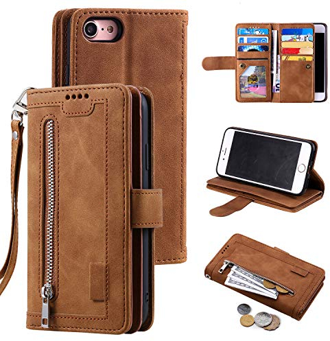 UEEBAI Hülle für iPhone 7/8/SE 2022 5G/SE 2020, Vintage Reißverschluss Handyhülle mit 9 Kartenfächer Geldbörse Trageband Schutzhülle Flip Wallet Case für iPhone SE2/SE3 - Braun