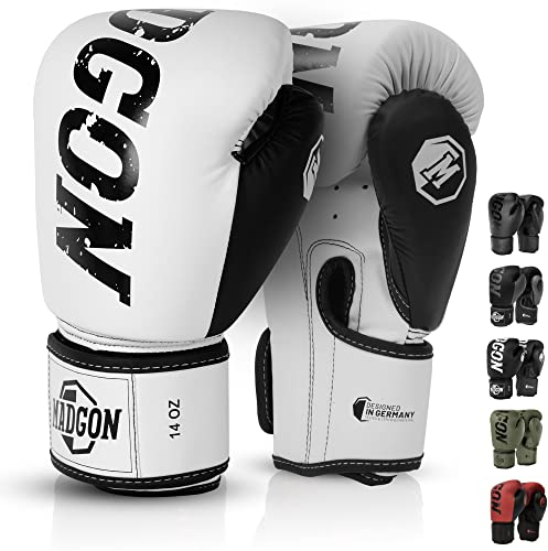 MADGON Premium Boxhandschuhe aus bestem Material für Lange Haltbarkeit, Männer und Frauen Kickboxhandschuhe für Kampfsport, MMA, Sparring, Muay Thai und Boxen 10 12 14 16 oz inkl Beutel