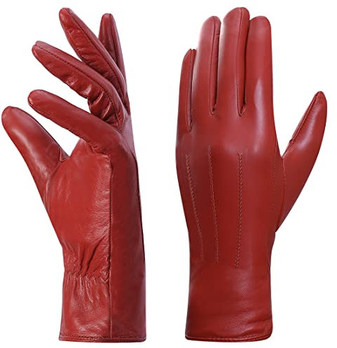 Harssidanzar Lederhandschuhe für Damen, Winter Warm Fleecefutter Touchscreen Vintage Finished GL018EU,Rot, Größe XL