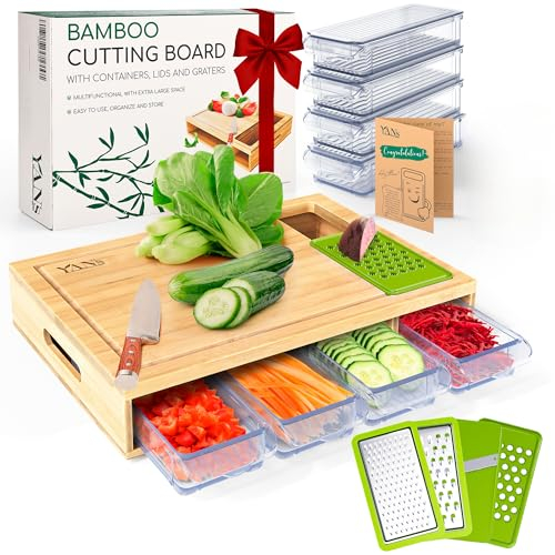 Yans Bamboo Cutting Board with Containers for Easy Meal Prep-Full Set Large Storage-Gift & Personal Use-Durable Station to Keep Your Kitchen Tidy, Natural
