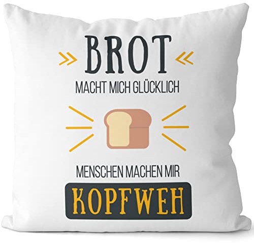 JUNIWORDS Kissen, Brot Macht Mich glücklich Menschen Machen Mir Kopfweh, Weiß-Schwarz, 2-farbig (1004607)