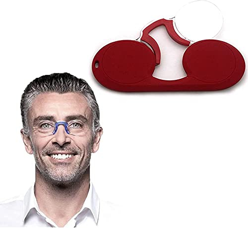 QIEU Tragbare Mini-Nasenclip-Lesebrille ohne Arm, Damen-Männer-Nase kneifende Lesebrille ohne Arm, Anti-Blau-randlose rechteckige Lesebrille mit Etui (Red,+2.0)