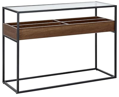 Console Moderne avec Etagère Plateau à 4 Rangements Bois Sombre et Verre Waco