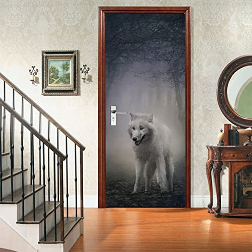A.Monamour Türtapete Selbstklebend Türfolie Türposter 3D Weißer Wolf Im Nebligen Mysteriösen Wald Vinyl Folie Türdeko Tapete Wandbild Türaufkleber Türtattoo 85x200cm