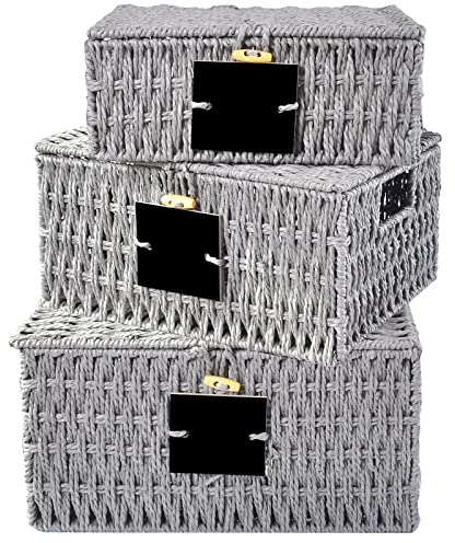 OUTBROS Geflochten Aufbewahrungskorb,Regalkörbe mit Deckel, Rattankorb aus Papierseil, Aufbewahrungsboxen zum Aufbewahrung und Organisieren von Badzimmer, Zimmer, Grau,3er Set