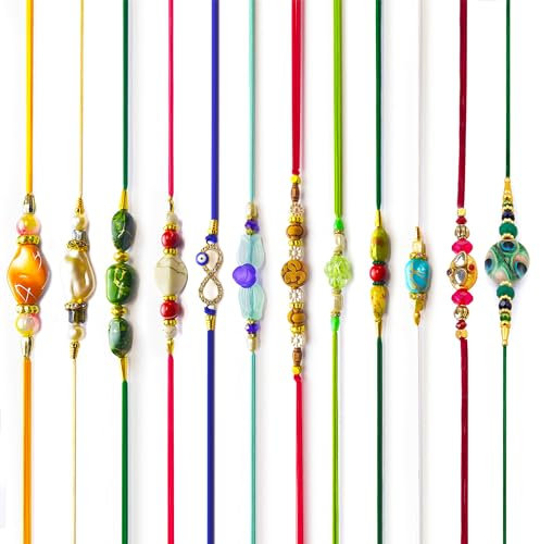 HATHKAAM Designer Rakhi Set of 12 – Traditional Handmade Beadwork Strong Thread Rakhi | Universal Fit Bracelets | Gift for Brother & Bhabhi – HKR1206