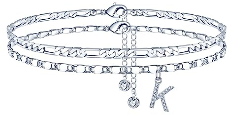 TINGN Fußkettchen für Damen, Silber Fussketten für Frauen Fußkettchen mit CZ K Buchstaben K Figarokette Doppelte Fußketten Verstellbar 21+5 Cm Frau Mädchen Tochter Freundin Sommer Geschenk