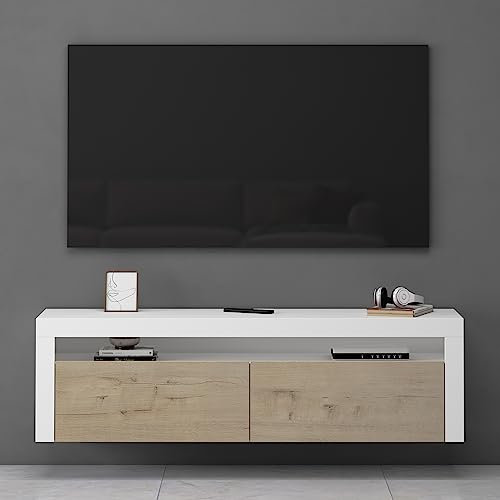 Mai & Mai Fernsehschrank TV Schrank Lowboard Hängeschrank 2 Türen mit Soft-Close Fernsehtisch für Wohnzimmer in matt Weiß + Eiche Greige BTH: 160x40x46 cm Fernsehschrank01