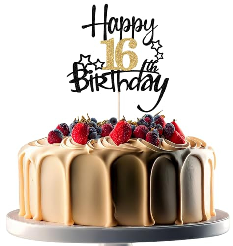 JEKUGOT 16th Birthday Cake Toppers, Black and Gold Glitter Cake Decorations, Happy 16th Birthday Cake Toppers for Boys and Girls Themed Party (1pcs)
