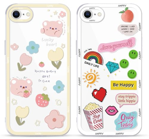 Yoedge 2 Pack Set Suitable for iPhone 8/SE 2022/7/SE 2020 Transparent 4,7, Phone Case With Cute Bear Cute Fun Aesthetic Pattern Cover, Soft Glass Silicone Shockproof Protective, for iPhone 7