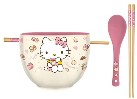 Silver Buffalo Sanrio Hello Kitty Manzanas y Canela 20 oz Ramen Bowl y Palillos Chopstick Set