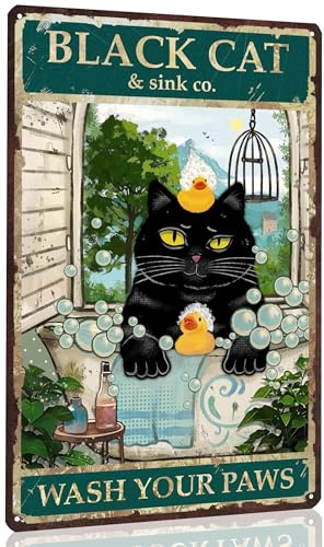 Duiseno Lustiges Badezimmer-Metall-Blechschild Wash Your Paws, niedliche schwarze Katze, Vintage-Kunst, Wanddekoration für Bauernhaus, Zuhause, Küche, Büro, Waschraum, Bars, Dekorationen, 20,3 x