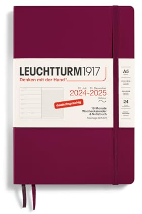 LEUCHTTURM1917 370621 Wochenkalender & Notizbuch Softcover Medium (A5) 2025, 18 Monate, Port Red, Deutsch