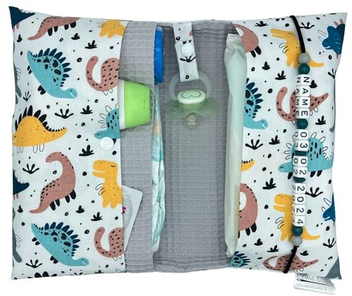 Große Windeltasche für unterwegs mit Namen personalisiert - für Mädchen und Jungen - Wickeltasche mit Waffelpique - Dinosaurier weiß grau bunt