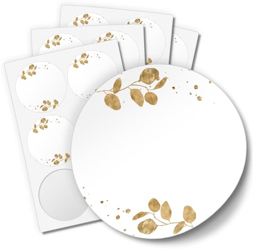48 Aufkleber ZUM BESCHRIFTEN für Hochzeit Geburtstag Danke Taufe Etiketten rund 4cm, Eukalyptus Goldoptik