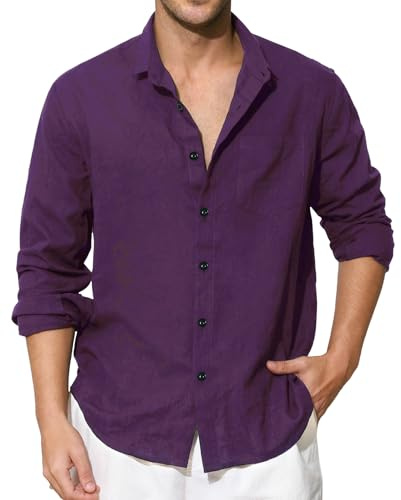 Enlision Camicia Lino Uomo Viola Manica Lunga Estiva Camicie in Cotone Collo Coreana Henley Shirts con Bottoncini Elegante Casual da Spiaggia XL