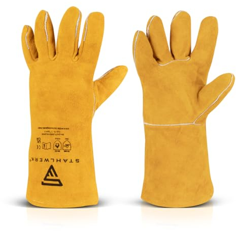 STAHLWERK guantes de soldador guantes de cuero guantes de trabajo de cuero genuino resistente al calor y resistente, alta capacidad de carga térmica y mecánica, mano de obra