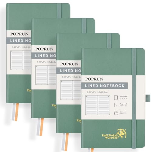 POPRUN 4 Pack Notizbuch A5 liniert, 120 GSM Papier für Frauen und Männer, 128 nummerierte Seiten, Hardcover mit Selbstklebenden Registerkarten und 8 Abreißblättern - Mitternachtsgrün