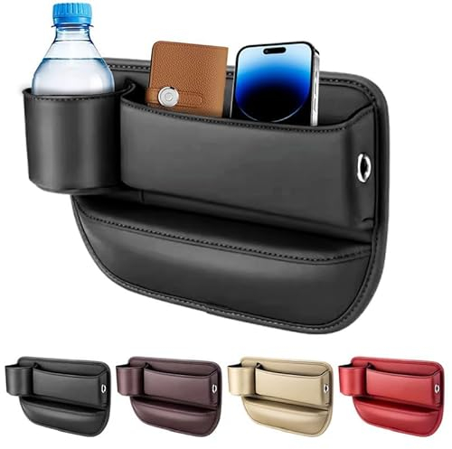 Wenrecu Car Leather Cup Holder Gap Bag - Car Seat Gap Filler & Organizer, Adjustable Seat Storage Box for Phones, Glasses, Keys, Cards