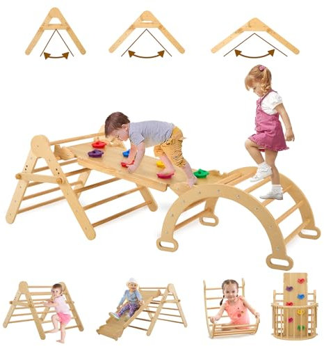 FUNLIO Verstellbares klettergerüst Indoor, Montessori kletterdreieck mit rutsche für Kleinkinder von 2-5 Jahren, Faltbares 5-in-1 Indoor Klettergerüst mit Bogen/Rutsche/Kletterfelsen/Dreieck