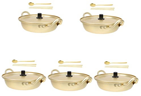 OQHAIR 5 Juegos de ollas de Ramen, Utensilios de Cocina de Acero Inoxidable, Estufa de Cocina para Acampar, Olla de Ramen Coreana, Olla de Cocina, sartén Wok de Acero Inoxidable, Cuchara