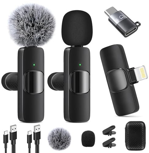 Wireless Lavalier Microphone for Lightning&Type-C Port, 2-in-1 Plug-Play Lapel Clip-On Mic with Noise Reduction for Video Recording, Podcast, Interview, Live Streaming, Vlog, YouTube, TikTok (2 Mics)