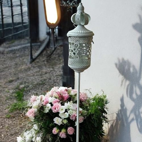 eberin · Laterne Orientstyle · Grablaterne-Stahlblech · stabile Stablampe · Shabby Chic Grablicht mit langem Stab · weißgekalkt mit antikem Grünspan · Glaszylinder · 3-teilig
