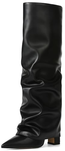 SaraIris Women's Knee High Boots Slouchy Black Fold Over Pointed Toe Chunky High Heeled Shark Boots for Women