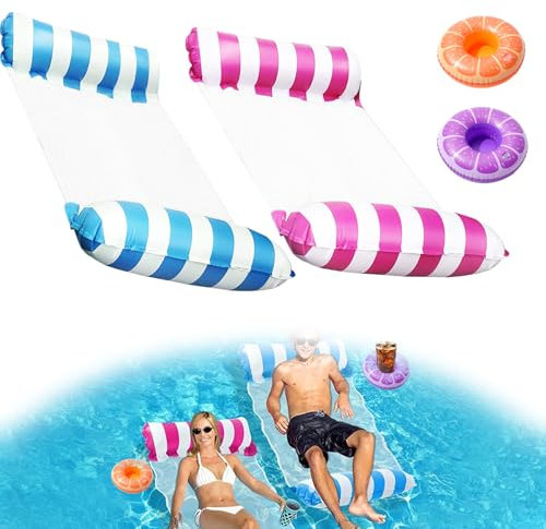2PCS Hamaca de Agua Inflable, Hamaca Flotante Piscina, Colchoneta Flotante Piscina Juguetes con 2 Portavasos Flotantes, 4 en 1 Tumbona Hinchable para Verano, Playa, Mar, para Adultos Niños