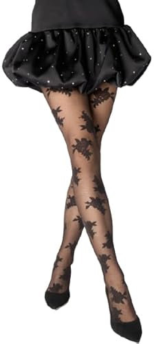 SENTELEGRI Women’s Patterned Tights Lily – 15 Denier Sheer Fashion Pantyhose with Bold Large Floral Design – Sizes S to XL (UK, Alpha, M, Regular, Regular, Black)