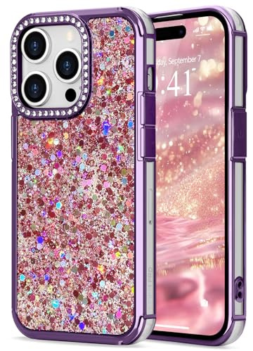 ROSEHUI Glitter Sequin Bling Phone Case for iPhone 15 Pro, Purple | Cute with Rhinestone Diamonds, TPU Shockproof Protective Cover, Clear TPU Bumper, Luxury Slim, Fashion for Women Girls