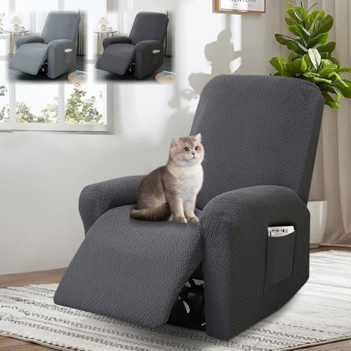 bechoanigel Housse pour Fauteuil Relax Electrique, 4 Pièces Housse de Fauteuil Extensible, Housse de Fauteuil 1 Place, Protege Fauteuil avec Protège-Accoudoirs et Poche (Gris Foncé)