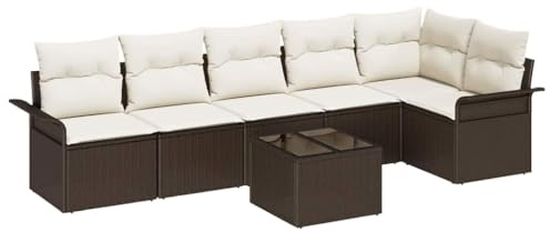 vidaXL 6-teiliges Garten-Sofa-Set mit Kissen in Braun aus Poly Rattan – Gartenmöbel für Patio und Balkon, modulare Lounge-Sofas